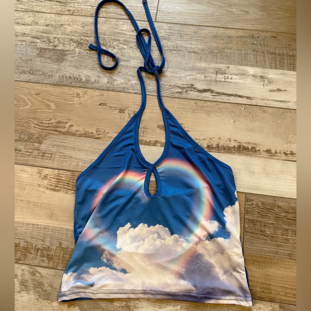 Cropped rainbow w/clouds halter top